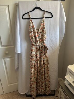Sleeveless Floral Maxi Dress in Cream with Orange & Green - Elegant V-Neck